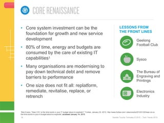 18 Deloitte Touche Tohmatsu © 2015 – Tech Trends 2015.
LESSONS FROM
THE FRONT LINES
Sysco
• Core system investment can be the
foundation for growth and new service
development
• 80% of time, energy and budgets are
consumed by the care of existing IT
capabilities1
• Many organisations are modernising to
pay down technical debt and remove
barriers to performance
• One size does not fit all: replatform,
remediate, revitalise, replace, or
retrench
Electronics
Industry
The Bureau of
Engraving and
Printings
1Bob Evans, “Dear CIO: Is the time bomb in your IT budget about to explode?,” Forbes, January 22, 2013, http://www.forbes.com/ sites/oracle/2013/01/22/dear-cio-is-
the-time-bomb-in-your-it-budget-about-to-explode/, accessed January 14, 2015.
Geelong
Football Club
 