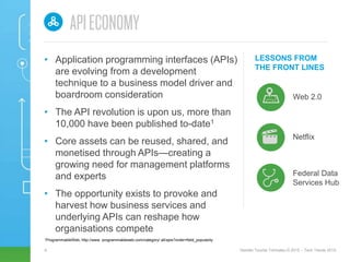 6 Deloitte Touche Tohmatsu © 2015 – Tech Trends 2015.
LESSONS FROM
THE FRONT LINES
Web 2.0
• Application programming interfaces (APIs)
are evolving from a development
technique to a business model driver and
boardroom consideration
• The API revolution is upon us, more than
10,000 have been published to-date1
• Core assets can be reused, shared, and
monetised through APIs—creating a
growing need for management platforms
and experts
• The opportunity exists to provoke and
harvest how business services and
underlying APIs can reshape how
organisations compete
Netflix
Federal Data
Services Hub
1ProgrammableWeb, http://www. programmableweb.com/category/ all/apis?order=field_popularity
 