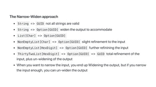 TheNarrow-Widenapproach
String => GUID notallstringsarevalid
String => Option[GUID] widentheoutputtoaccommodate
List[Char] => Option[GUID]
NonEmptyList[Char] => Option[GUID] slightrefinementtotheinput
NonEmptyList[HexDigit] => Option[GUID] furtherrefininingtheinput
ThirtyTwoList[HexDigit] => Option[GUID] => GUID totalrefinementofthe
input,plusun-wideningoftheoutput
Whenyouwanttonarrowtheinput,youendupWideningtheoutput,butifyounarrow
theinputenough,youcanun-widentheoutput
 