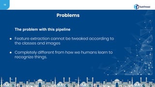 13
Problems
The problem with this pipeline
● Feature extraction cannot be tweaked according to
the classes and images
● Completely different from how we humans learn to
recognize things.
 
