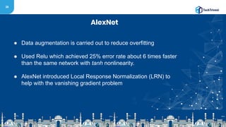 26
AlexNet
● Data augmentation is carried out to reduce overfitting
● Used Relu which achieved 25% error rate about 6 times faster
than the same network with tanh nonlinearity.
● AlexNet introduced Local Response Normalization (LRN) to
help with the vanishing gradient problem
 