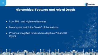 32
Hierarchical Features and role of Depth
● Low, Mid , and High-level features
● More layers enrich the “levels” of the features
● Previous ImageNet models have depths of 16 and 30
layers
 