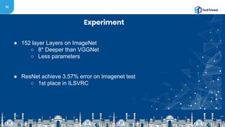 39
Experiment
● 152 layer Layers on ImageNet
○ 8* Deeper than VGGNet
○ Less parameters
● ResNet achieve 3.57% error on Imagenet test
○ 1st place in ILSVRC
 