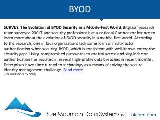 BYOD
SECURITY: Quarter of Firms Allow Password-Only BYOD Security. Over a quarter
(28%) of organizations rely solely on us...