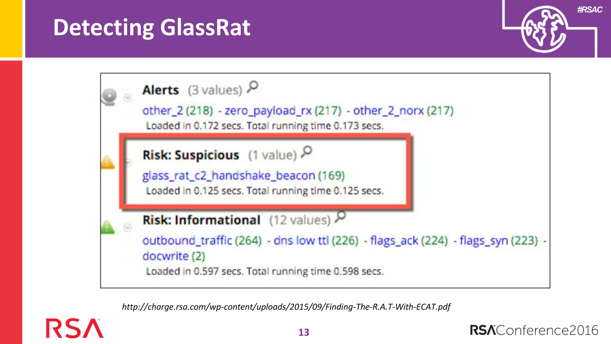 #RSAC
Detecting GlassRat
13
http://charge.rsa.com/wp-content/uploads/2015/09/Finding-The-R.A.T-With-ECAT.pdf
 