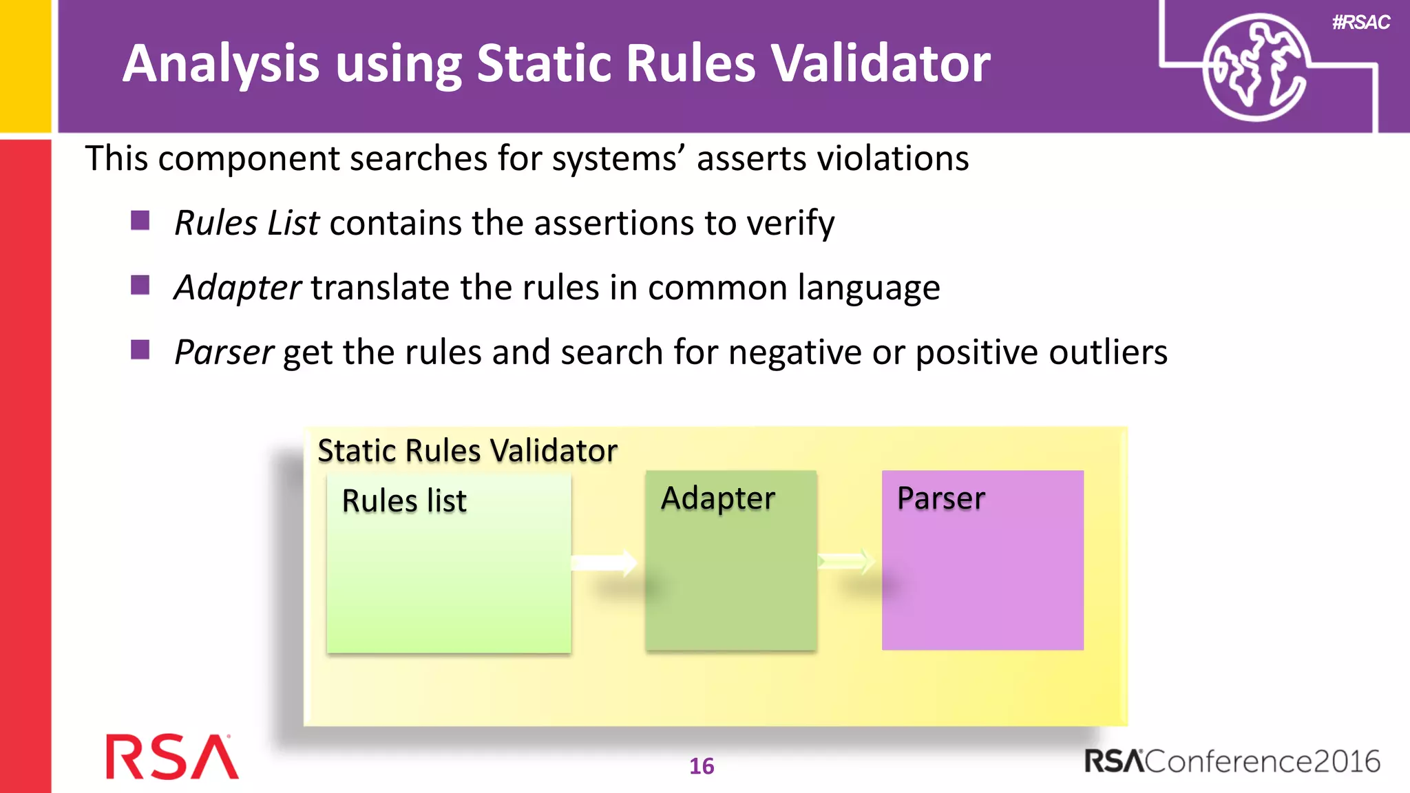 #RSAC
Analysis using Static Rules Validator
This component searches for systems’ asserts violations
Rules List contains the assertions to verify
Adapter translate the rules in common language
Parser get the rules and search for negative or positive outliers
Static Rules Validator
Rules list ParserAdapter
16
 