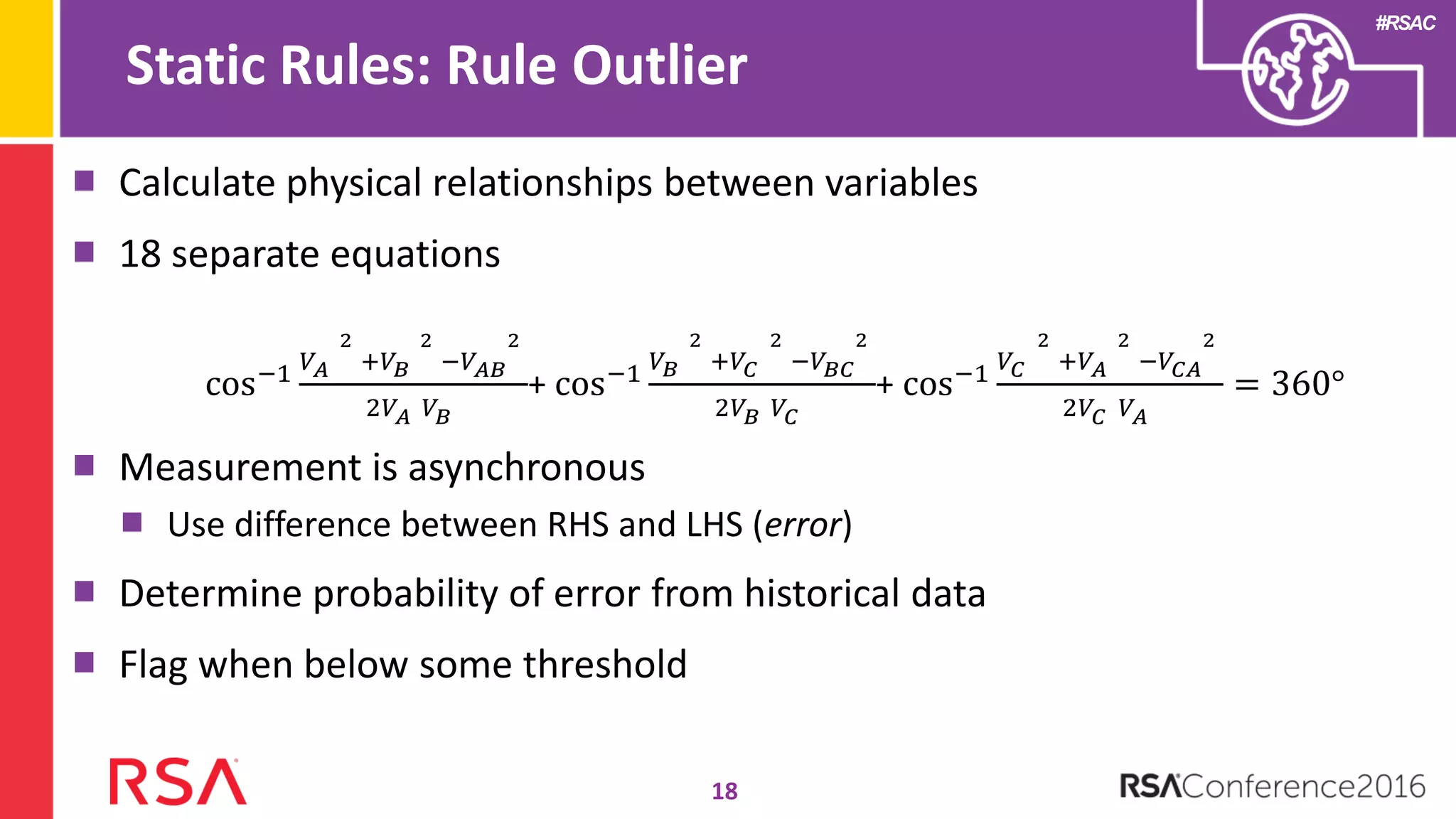 #RSAC
Calculate physical relationships between variables
18 separate equations
Measurement is asynchronous
Use difference between RHS and LHS (error)
Determine probability of error from historical data
Flag when below some threshold
Static Rules: Rule Outlier
cos−1 𝑉 𝐴
2
+𝑉 𝐵
2
−𝑉 𝐴𝐵
2
2𝑉 𝐴 𝑉 𝐵
+ cos−1 𝑉 𝐵
2
+𝑉𝐶
2
−𝑉 𝐵𝐶
2
2𝑉 𝐵 𝑉𝐶
+ cos−1 𝑉𝐶
2
+𝑉 𝐴
2
−𝑉𝐶𝐴
2
2𝑉𝐶 𝑉 𝐴
= 360°
18
 
