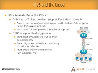 Presenter Logo
► IPv6 Availability in the Cloud
► Only 1 out of 3 cloud providers support IPv6 today in some form
► Amazon provides only nominal support via Elastic Load Balancing (no
native IPv6 support on EC2)
► Rackspace, Softlayer provide full dual stack support
► Full IPv6 support is a long process
► Most begin by supporting IPv6 on their
backbones only
► Eventually extend dual-stack connectivity
to customer networks
► Must ensure every network device
fully supports IPv6
IPv6 and the Cloud
 