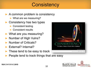 ► A common problem is consistency
► What are we measuring?
► Consistency has two types
► Consistent testing
► Consistent results
► What are you measuring?
► Number of High Vulns?
► Number of Criticals?
► External? Internal?
► These tend to be easy to track
► People tend to track things that are easy
Consistency
10
 