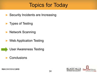 ► Security Incidents are Increasing
► Types of Testing
► Network Scanning
► Web Application Testing
► User Awareness Testing
► Conclusions
Topics for Today
34
 