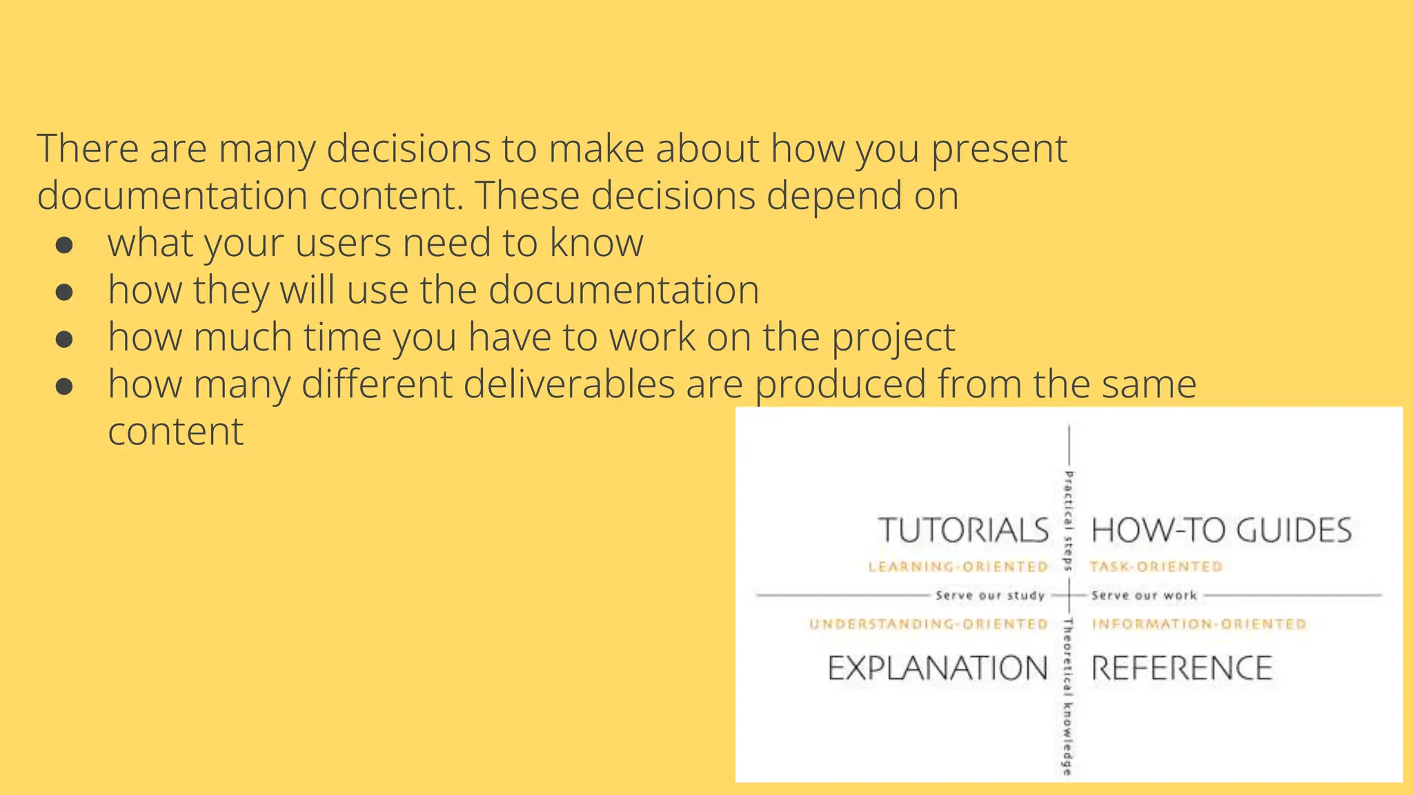 There are many decisions to make about how you present
documentation content. These decisions depend on
● what your users need to know
● how they will use the documentation
● how much time you have to work on the project
● how many different deliverables are produced from the same
content
 