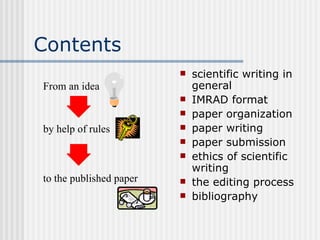 Contents scientific writing in general IMRAD format paper organization paper writing paper submission ethics of scientific writing the editing process bibliography From an idea by help of rules to the published paper 