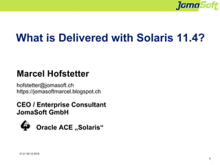 1
What is Delivered with Solaris 11.4?
Marcel Hofstetter
hofstetter@jomasoft.ch
https://jomasoftmarcel.blogspot.ch
CEO / Enterprise Consultant
JomaSoft GmbH
Oracle ACE „Solaris“
V1.0 / 05.12.2018
 