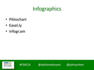 #FSAE14 @adriennebryant @johnyschen
Infographics
• Piktochart
• Easel.ly
• Infogr.am
 