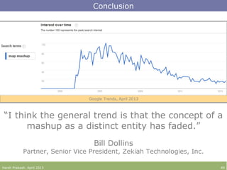“I think the general trend is that the concept of a
mashup as a distinct entity has faded.”
Bill Dollins
Partner, Senior Vice President, Zekiah Technologies, Inc.
Conclusion
Harsh Prakash. April 2013 49
 