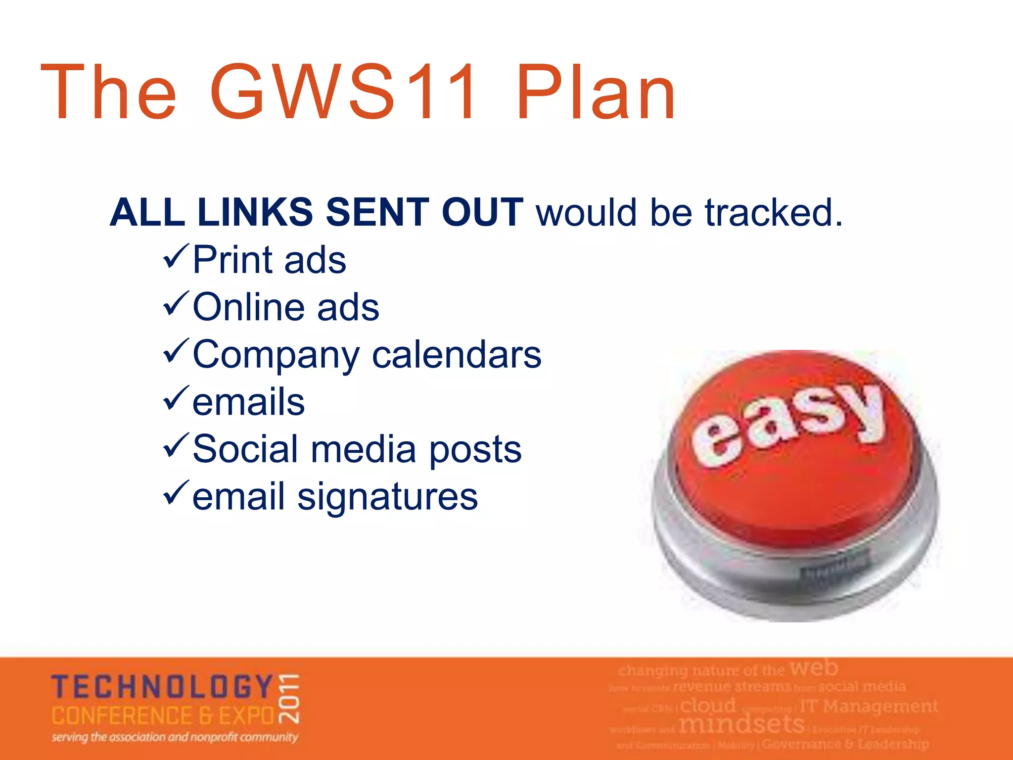 The GWS11 Plan
 ALL LINKS SENT OUT would be tracked.
   Print ads
   Online ads
   Company calendars
   emails
   Social media posts
   email signatures
 