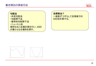 動き検出の実装方法
19
勾配法
・共役勾配法
・勾配降下法
・確率的勾配降下法
・ニュートン法
傾きを元に反復計算を行い、SSD
が最小となる場所を探す。
全探索法？
一画素ずつずらして全領域での
SADを計算する。
 