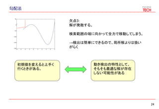勾配法
24
欠点3：
解が発散する。
検索範囲の端に向かって全力で移動してしまう。
→検出は簡単にできるので、局所解よりは扱い
がらく
初期値を変えると上手く
行くときがある。
動き検出の特性として、
そもそも最適な解が存在
しない可能性がある
 