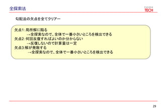 全探索法
29
欠点1：局所解に陥る
→全探索なので、全体で一番小さいところを検出できる
欠点2：何回反復すればよいのか分からない
→反復しないので計算量は一定
欠点3:解が発散する
→全探索なので、全体で一番小さいところを検出できる
勾配法の欠点を全てクリアー
 