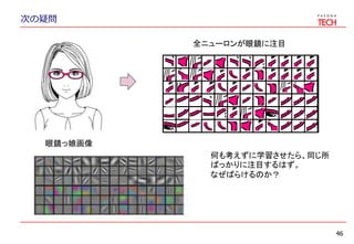 次の疑問
46
眼鏡っ娘画像
何も考えずに学習させたら、同じ所
ばっかりに注目するはず。
なぜばらけるのか？
全ニューロンが眼鏡に注目
 