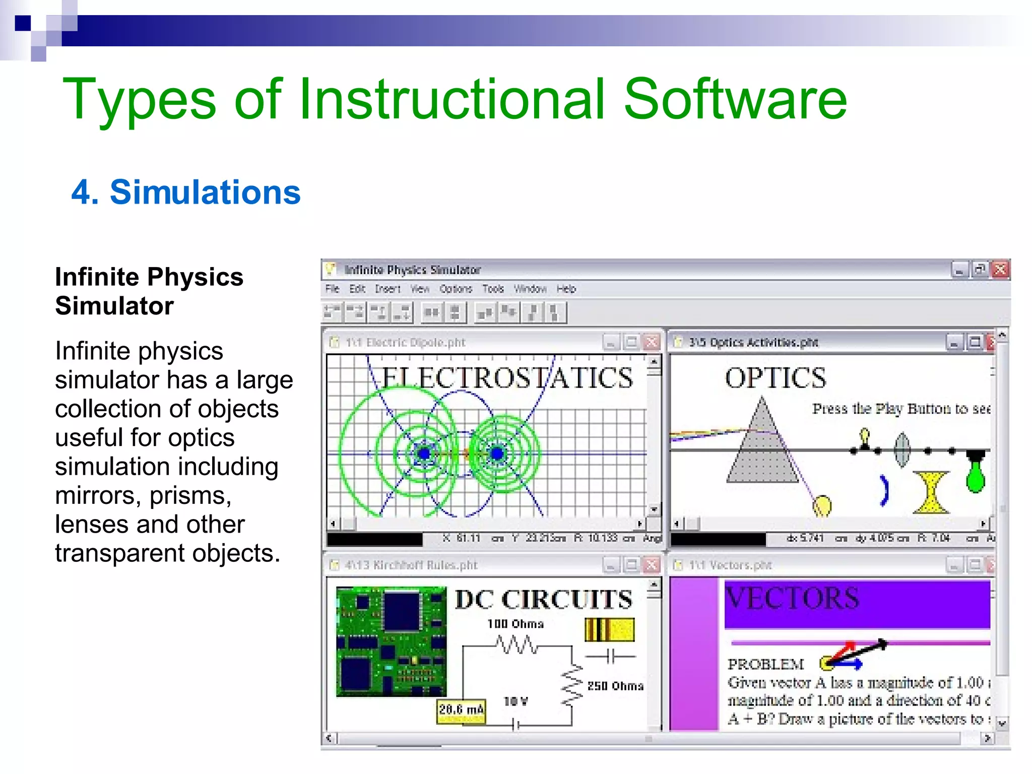 Types of Instructional Software Example Save the Math Apples Help the monkey save the apples !  Click on the basket with the number to give the answer .  Keep clicking the basket to add numbers to your answer .   