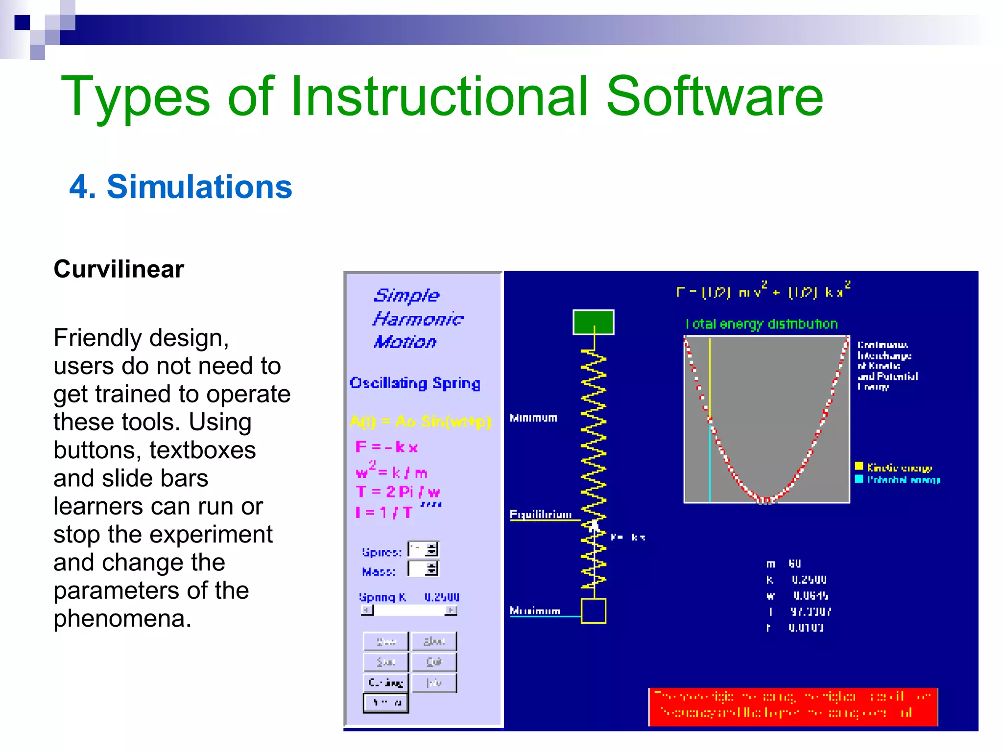 Types of Instructional Software Example Jungle Jim and the Donga Dinga Drums This interactive game encourages kids to play with numbers and multiplication concept and win points as long as he/she hits the right number.  