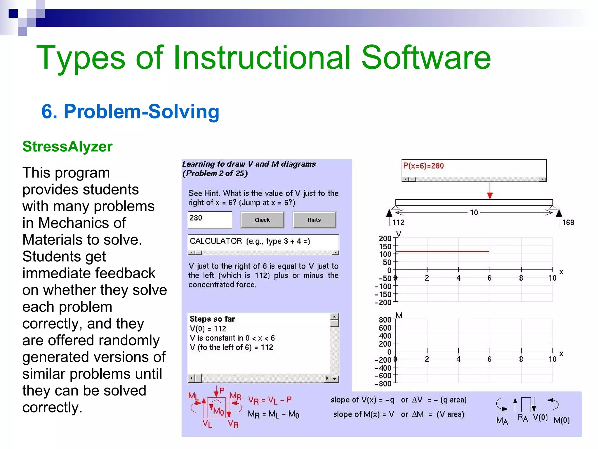 Types of Instructional Software Example Scholar’s Desktop. This program provides a series of modules for teaching, using a combination of media. Students can visit many museums around the world and explore many environments as they visit it.  