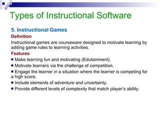 Types of Instructional Software Example StressAlyzer  This program provides students with many problems in Mechanics of Materials to solve. Students get immediate feedback on whether they solve each problem correctly, and they are offered randomly generated versions of similar problems until they can be solved correctly. 