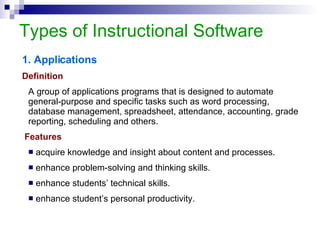Types of Instructional Software Example ECS Keyboard  Enables students to: Play notes on the keyboard after seeing them written.  Identify played notes by assessing intervals from played/written notes  Playback written notes quickly. 