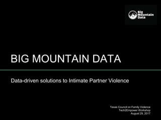 BIG MOUNTAIN DATA
Data-driven solutions to Intimate Partner Violence
Texas Council on Family Violence
Tech2Empower Workshop
August 29, 2017
 
