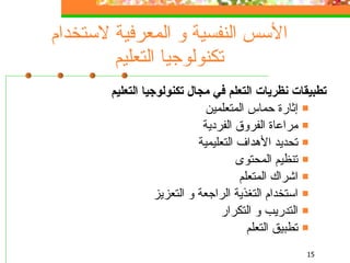 الأسس النفسية و المعرفية لاستخدام تكنولوجيا التعليم تطبيقات نظريات التعلم في مجال تكنولوجيا التعليم إثارة حماس المتعلمين مراعاة الفروق الفردية تحديد الأهداف التعليمية تنظيم المحتوى اشراك المتعلم استخدام التغذية الراجعة و التعزيز التدريب و التكرار تطبيق التعلم 