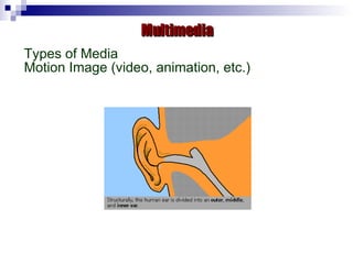 Multimedia Types of Media  Motion Image (video, animation, etc.) 