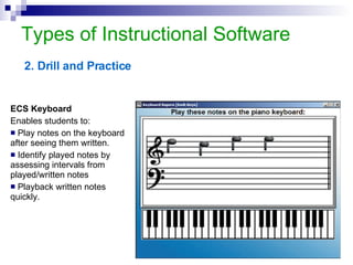 Types of Instructional Software 2. Drill and Practice ECS Keyboard  Enables students to: Play notes on the keyboard after seeing them written.  Identify played notes by assessing intervals from played/written notes  Playback written notes quickly. 