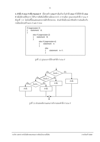 -6-

    3. คําสั่ง if else if หรือ Nested if . มีโครงสร้าง else if เพิ่มเข้ามาในคําสั่ง else ทําให้ใช้คําสั่ง else
    if เพิ่มได้ตามที่ต้องการ ใช้กับการตัดสินใจที่มีทางเลือกมากกว่า 2 ทางเลือก รูปแบบของคําสั่ง if else if
    ดังรูปที่ 1.5 โดยในที่นี้จะแสดงเฉพาะกรณีคําสั่งประกอบ ส่วนคําสั่งเดี่ยวจะอาศัยหลักการเช่นเดียวกับ
    กรณีของโครงสร้างแบบ if และ if else
                       if (expression-1)
                       {     statement A;
                       }
                                else if (expression-2)
                                {    statement B;
                                }
                                         else if (expression-n)
                                         {     statement n;
                                         }
                                                  else
                                                  {    statement n+1;
                                                  }


                                     รูปที่ 1.5 รูปแบบการใช้งานคําสั่ง if else if



                                                       เท็จ                      จริง
                                                                    เงื่อนไข 1

                                       เท็จ                         จริง
                                                เงื่อนไข 2
                                                     นไข
                                                                                        คําสั่ง
                      เท็จ       เงื่อนไข n
                                                จริง                  คําสั่ง

                 คําสั่ง                          คําสั่ง




                             รูปที่ 1.6 ส่วนของผังงานแทนการทํางานของคําสั่ง if else if




รายวิชา ง30101 เทคโนโลยีสารสนเทศและการเขียนโปรแกรมขั้นตน                                           ภาคเรียนที่ 1/2554
 