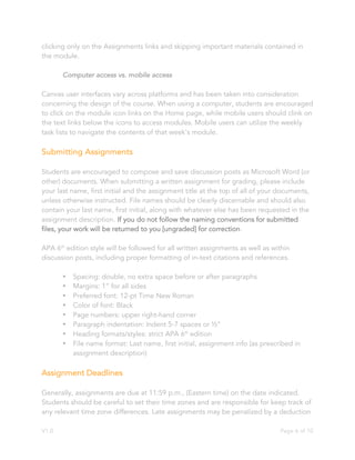 V1.0 Page 6 of 10
clicking only on the Assignments links and skipping important materials contained in
the module.
Computer access vs. mobile access
Canvas user interfaces vary across platforms and has been taken into consideration
concerning the design of the course. When using a computer, students are encouraged
to click on the module icon links on the Home page, while mobile users should clink on
the text links below the icons to access modules. Mobile users can utilize the weekly
task lists to navigate the contents of that week’s module.
Submitting Assignments
Students are encouraged to compose and save discussion posts as Microsoft Word (or
other) documents. When submitting a written assignment for grading, please include
your last name, first initial and the assignment title at the top of all of your documents,
unless otherwise instructed. File names should be clearly discernable and should also
contain your last name, first initial, along with whatever else has been requested in the
assignment description. If you do not follow the naming conventions for submitted
files, your work will be returned to you [ungraded] for correction.
APA 6th
edition style will be followed for all written assignments as well as within
discussion posts, including proper formatting of in-text citations and references.
• Spacing: double, no extra space before or after paragraphs
• Margins: 1” for all sides
• Preferred font: 12-pt Time New Roman
• Color of font: Black
• Page numbers: upper right-hand corner
• Paragraph indentation: Indent 5-7 spaces or ½”
• Heading formats/styles: strict APA 6th
edition
• File name format: Last name, first initial, assignment info (as prescribed in
assignment description)
Assignment Deadlines
Generally, assignments are due at 11:59 p.m., (Eastern time) on the date indicated.
Students should be careful to set their time zones and are responsible for keep track of
any relevant time zone differences. Late assignments may be penalized by a deduction
 