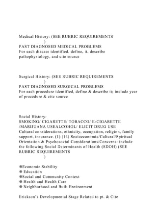 Medical History: (SEE RUBRIC REQUIREMENTS
)
PAST DIAGNOSED MEDICAL PROBLEMS
For each disease identified, define, it, describe
pathophysiology, and cite source
Surgical History: (SEE RUBRIC REQUIREMENTS
)
PAST DIAGNOSED SURGICAL PROBLEMS
For each procedure identified, define & describe it; include year
of procedure & cite source
Social History:
SMOKING/ CIGARETTE/ TOBACCO/ E-CIGARETTE
/MARIJUANA USEALCOHOL/ ELICIT DRUG USE
Cultural considerations, ethnicity, occupation, religion, family
support, insurance. (1) (14) Socioeconomic/Cultural/Spiritual
Orientation & Psychosocial Considerations/Concerns: include
the following Social Determinants of Health (SDOH) (SEE
RUBRIC REQUIREMENTS
)
❋Economic Stability
❋ Education
❋Social and Community Context
❋ Health and Health Care
❋ Neighborhood and Built Environment
Erickson’s Developmental Stage Related to pt. & Cite
 