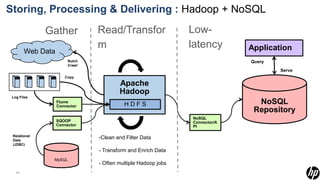 Storing, Processing & Delivering : Hadoop + NoSQL

              Gather            Read/Transfor                  Low-
                                m                              latency       Application
        Web Data
                        Nutch                                                Query
                        Crawl
                                                                                     Serve
                      Copy

                                        Apache
                                        Hadoop
 Log Files
                   Flume
                   Connector              HDFS                                 NoSQL
                                                                              Repository
                                                               NoSQL
                   SQOOP                                       Connector/A
                   Connector                                   PI

 Relational
 Data
                                -Clean and Filter Data
 (JDBC)
                                - Transform and Enrich Data
               MySQL
                                - Often multiple Hadoop jobs
   24
 