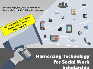 Harnessing Technology
for Social Work
Scholarship
Text
Images
Data
Melanie Sage, PhD, U at Buffalo, SUNY
Laurel Hitchcock, PhD, UA at Birmingham
 
