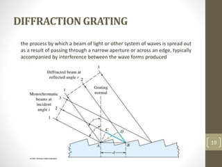 DIFFRACTION GRATING
19
the process by which a beam of light or other system of waves is spread out
as a result of passing through a narrow aperture or across an edge, typically
accompanied by interference between the wave forms produced
 