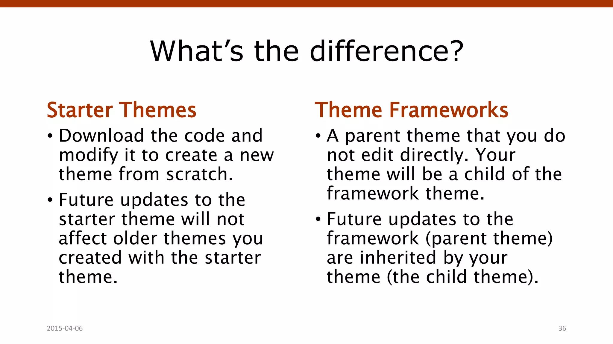 What’s the difference?
Starter Themes
• Download the code and
modify it to create a new
theme from scratch.
• Future updates to the
starter theme will not
affect older themes you
created with the starter
theme.
Theme Frameworks
• A parent theme that you do
not edit directly. Your
theme will be a child of the
framework theme.
• Future updates to the
framework (parent theme)
are inherited by your
theme (the child theme).
2015-04-06 Crafting Custom CSS | @andymci | #PCTO15 36
 