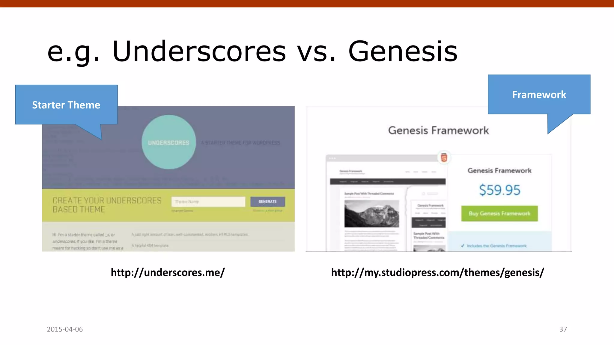 e.g. Underscores vs. Genesis
2015-04-06 Crafting Custom CSS | @andymci | #PCTO15 37
http://underscores.me/ http://my.studiopress.com/themes/genesis/
Starter Theme
Framework
 