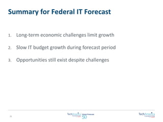 Summary for Federal IT Forecast 
1. Long-term economic challenges limit growth 
2. Slow IT budget growth during forecast period 
3. Opportunities still exist despite challenges 
25 

