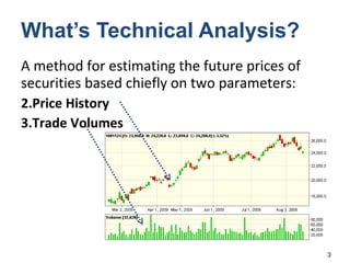What’s Technical Analysis? A method for estimating the future prices of securities based chiefly on two parameters:  Price History Trade Volumes 