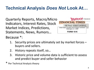 Quarterly Reports, Macro/Micro  Indicators, Interest Rates, Stock  Market Indices, Predictions,  Statements, News, Rumors…  Because *:  Security prices are ultimately set by market forces – buyers and sellers.   History repeats itself, so… Historic price and volume data is sufficient to assess and predict buyer and seller behavior *  Per Technical Analysis theory Technical Analysis  Does Not  Look At… 
