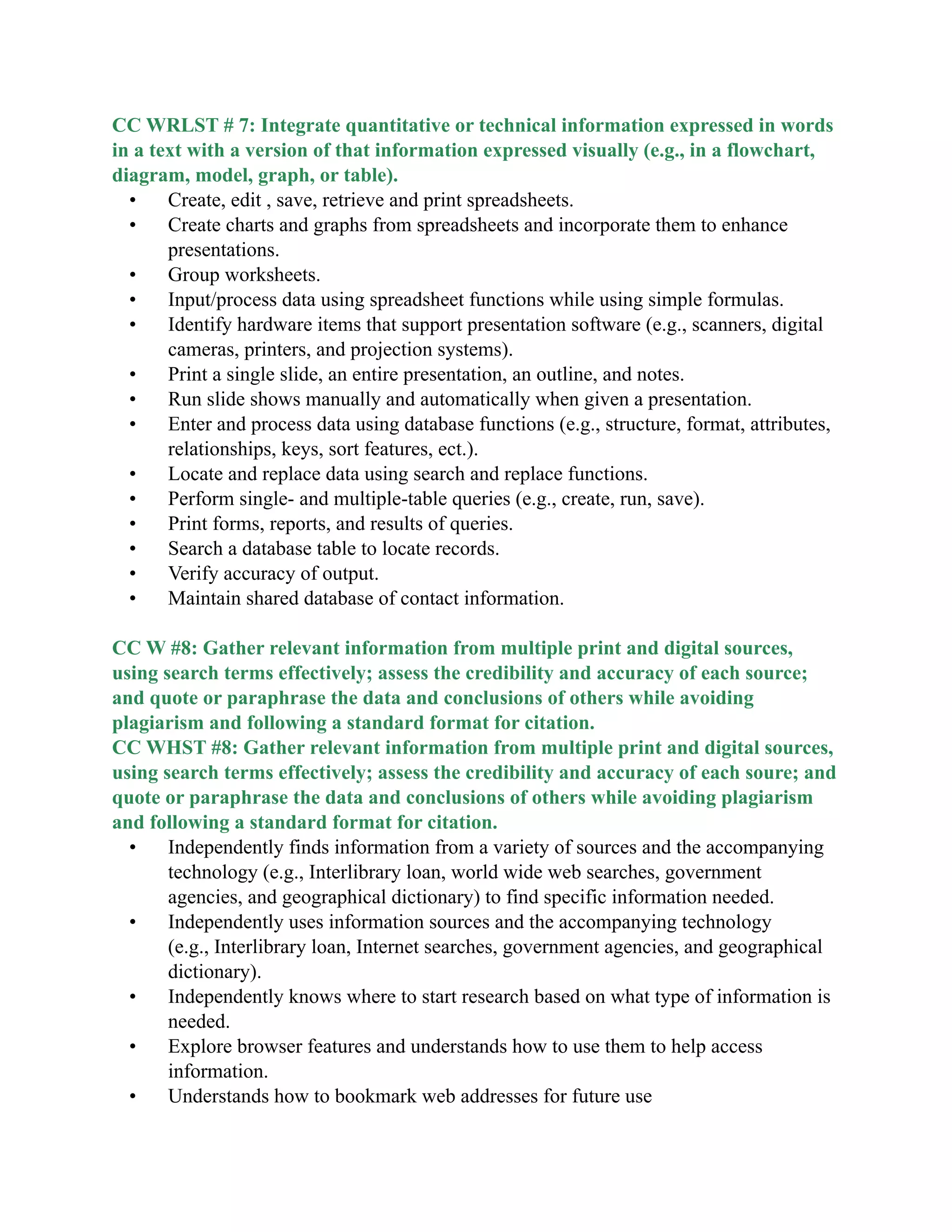 CC WRLST # 7: Integrate quantitative or technical information expressed in words
in a text with a version of that information expressed visually (e.g., in a flowchart,
diagram, model, graph, or table).
• Create, edit , save, retrieve and print spreadsheets.
• Create charts and graphs from spreadsheets and incorporate them to enhance
presentations.
• Group worksheets.
• Input/process data using spreadsheet functions while using simple formulas.
• Identify hardware items that support presentation software (e.g., scanners, digital
cameras, printers, and projection systems).
• Print a single slide, an entire presentation, an outline, and notes.
• Run slide shows manually and automatically when given a presentation.
• Enter and process data using database functions (e.g., structure, format, attributes,
relationships, keys, sort features, ect.).
• Locate and replace data using search and replace functions.
• Perform single- and multiple-table queries (e.g., create, run, save).
• Print forms, reports, and results of queries.
• Search a database table to locate records.
• Verify accuracy of output.
• Maintain shared database of contact information.

CC W #8: Gather relevant information from multiple print and digital sources,
using search terms effectively; assess the credibility and accuracy of each source;
and quote or paraphrase the data and conclusions of others while avoiding
plagiarism and following a standard format for citation.
CC WHST #8: Gather relevant information from multiple print and digital sources,
using search terms effectively; assess the credibility and accuracy of each soure; and
quote or paraphrase the data and conclusions of others while avoiding plagiarism
and following a standard format for citation.
• Independently finds information from a variety of sources and the accompanying
technology (e.g., Interlibrary loan, world wide web searches, government
agencies, and geographical dictionary) to find specific information needed.
• Independently uses information sources and the accompanying technology
(e.g., Interlibrary loan, Internet searches, government agencies, and geographical
dictionary).
• Independently knows where to start research based on what type of information is
needed.
• Explore browser features and understands how to use them to help access
information.
• Understands how to bookmark web addresses for future use
 