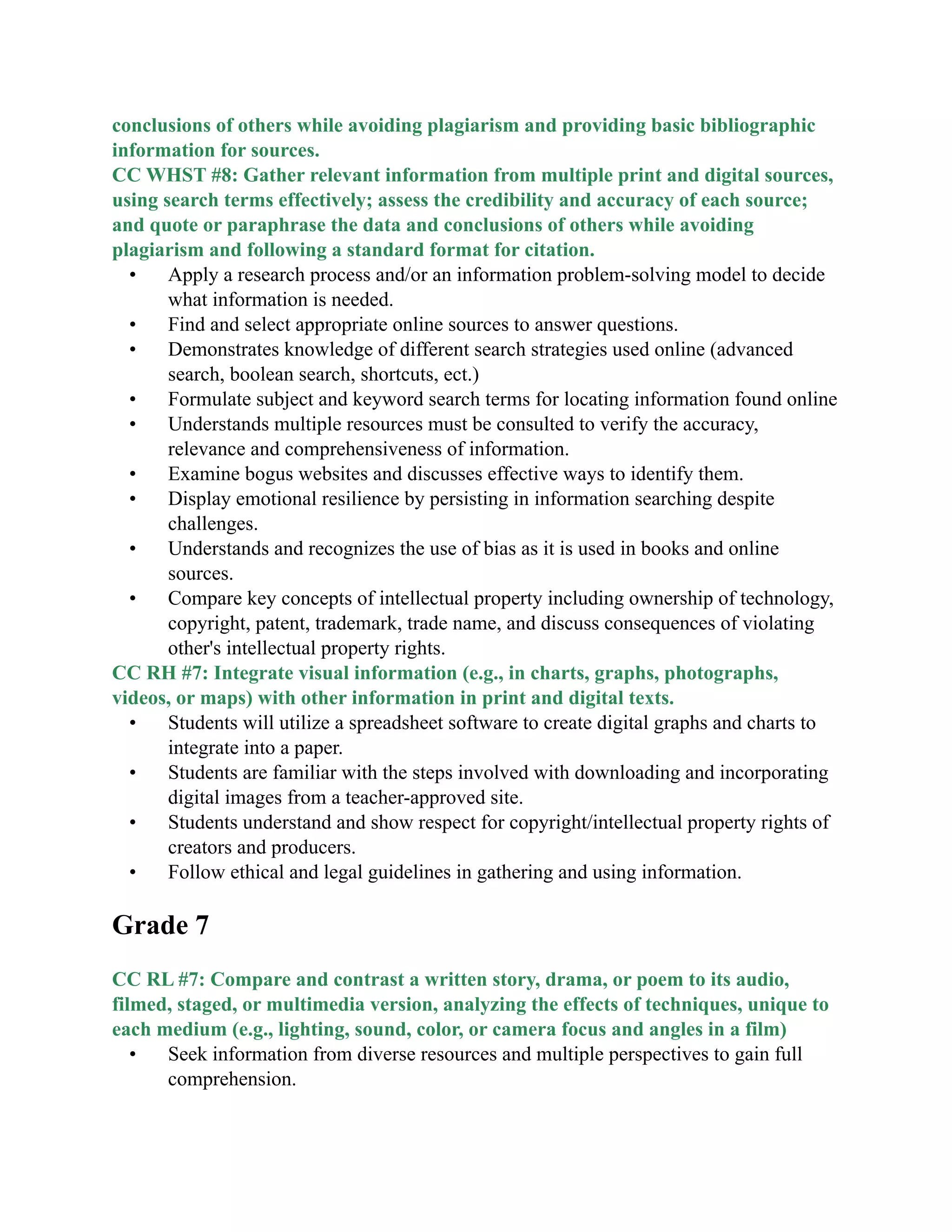 conclusions of others while avoiding plagiarism and providing basic bibliographic
information for sources.
CC WHST #8: Gather relevant information from multiple print and digital sources,
using search terms effectively; assess the credibility and accuracy of each source;
and quote or paraphrase the data and conclusions of others while avoiding
plagiarism and following a standard format for citation.
• Apply a research process and/or an information problem-solving model to decide
what information is needed.
• Find and select appropriate online sources to answer questions.
• Demonstrates knowledge of different search strategies used online (advanced
search, boolean search, shortcuts, ect.)
• Formulate subject and keyword search terms for locating information found online
• Understands multiple resources must be consulted to verify the accuracy,
relevance and comprehensiveness of information.
• Examine bogus websites and discusses effective ways to identify them.
• Display emotional resilience by persisting in information searching despite
challenges.
• Understands and recognizes the use of bias as it is used in books and online
sources.
• Compare key concepts of intellectual property including ownership of technology,
copyright, patent, trademark, trade name, and discuss consequences of violating
other&#x27;s intellectual property rights.
CC RH #7: Integrate visual information (e.g., in charts, graphs, photographs,
videos, or maps) with other information in print and digital texts.
• Students will utilize a spreadsheet software to create digital graphs and charts to
integrate into a paper.
• Students are familiar with the steps involved with downloading and incorporating
digital images from a teacher-approved site.
• Students understand and show respect for copyright/intellectual property rights of
creators and producers.
• Follow ethical and legal guidelines in gathering and using information.

Grade 7

CC RL #7: Compare and contrast a written story, drama, or poem to its audio,
filmed, staged, or multimedia version, analyzing the effects of techniques, unique to
each medium (e.g., lighting, sound, color, or camera focus and angles in a film)
• Seek information from diverse resources and multiple perspectives to gain full
comprehension.
 
