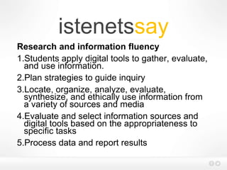 istenetssay
Research and information fluency
1.Students apply digital tools to gather, evaluate,
and use information.
2.Plan strategies to guide inquiry
3.Locate, organize, analyze, evaluate,
synthesize, and ethically use information from
a variety of sources and media
4.Evaluate and select information sources and
digital tools based on the appropriateness to
specific tasks
5.Process data and report results
 