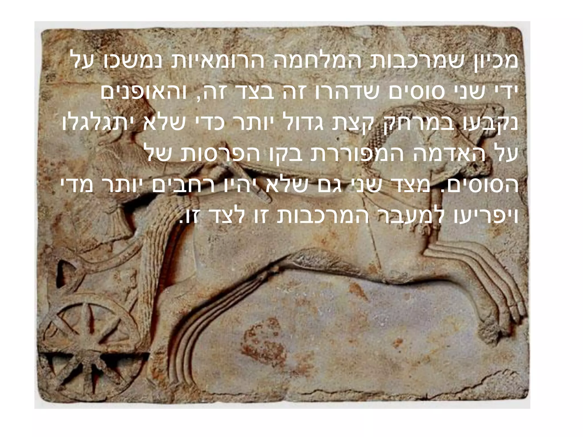 ‫מכיון שמרכבות המלחמה הרומאיות נמשכו על‬
    ‫ידי שני סוסים שדהרו זה בצד זה, והאופנים‬
‫נקבעו במרחק קצת גדול יותר כדי שלא יתגלגלו‬
        ‫על האדמה המפוררת בקו הפרסות של‬
‫הסוסים. מצד שני גם שלא יהיו רחבים יותר מדי‬
           ‫ויפריעו למעבר המרכבות זו לצד זו.‬
 