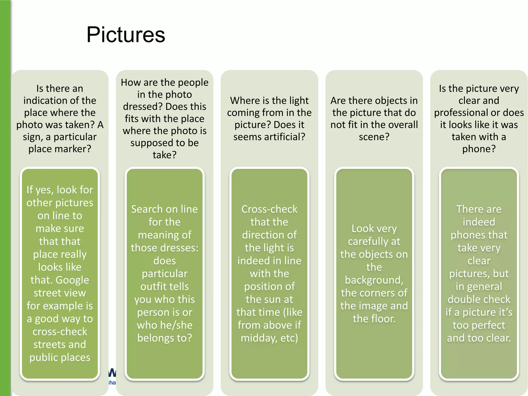 Pictures
Is there an
indication of the
place where the
photo was taken? A
sign, a particular
place marker?

How are the people
in the photo
dressed? Does this
fits with the place
where the photo is
supposed to be
take?

Where is the light
coming from in the
picture? Does it
seems artificial?

If yes, look for
other pictures
on line to
make sure
that that
place really
looks like
that. Google
street view
for example is
a good way to
cross-check
streets and
public places

Search on line
for the
meaning of
those dresses:
does
particular
outfit tells
you who this
person is or
who he/she
belongs to?

Cross-check
that the
direction of
the light is
indeed in line
with the
position of
the sun at
that time (like
from above if
midday, etc)

Are there objects in
the picture that do
not fit in the overall
scene?

Is the picture very
clear and
professional or does
it looks like it was
taken with a
phone?

Look very
carefully at
the objects on
the
background,
the corners of
the image and
the floor.

There are
indeed
phones that
take very
clear
pictures, but
in general
double check
if a picture it’s
too perfect
and too clear.

 