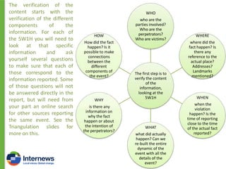 The verification of the
content starts with the
verification of the different
components
of
the
information. For each of
the 5W1H you will need to
look at that specific
information
and
ask
yourself several questions
to make sure that each of
those correspond to the
information reported. Some
of those questions will not
be answered directly in the
report, but will need from
your part an online search
for other sources reporting
the same event. See the
Triangulation slides for
more on this.

WHO

HOW
How did the fact
happen? Is it
possible to make
connections
between the
different
components of
the event?

WHY
is there any
information on
why the fact
happen or about
the intention of
the perpetrators?

who are the
parties involved?
Who are the
perpetrators?
Who are victims?

The first step is to
verify the content
of the
information,
looking at the
5W1H

WHAT
what did actually
happen? Can we
re-built the entire
dynamic of the
event with all the
details of the
event?

WHERE
where did the
fact happen? Is
there any
reference to the
actual place?
Addresses?
Landmarks
mentioned?

WHEN
when the
violation
happen? Is the
time of reporting
close to the time
of the actual fact
reported?

 